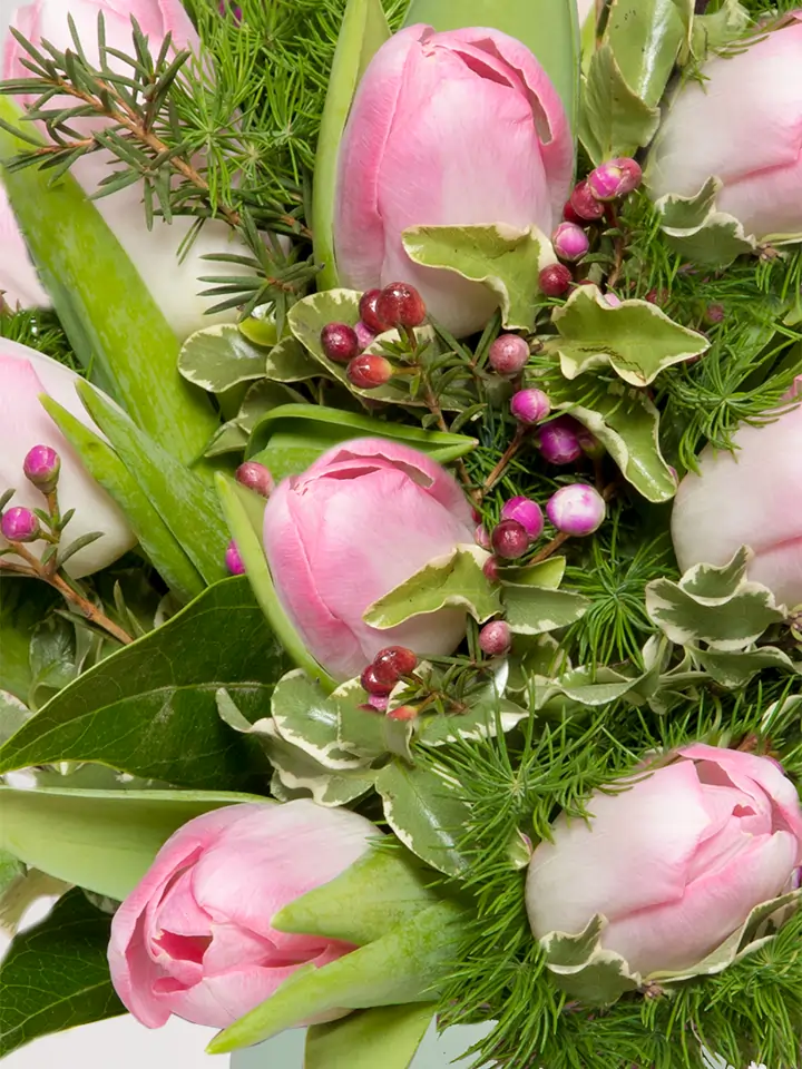 Bouquet di tulipani rosa e bacche